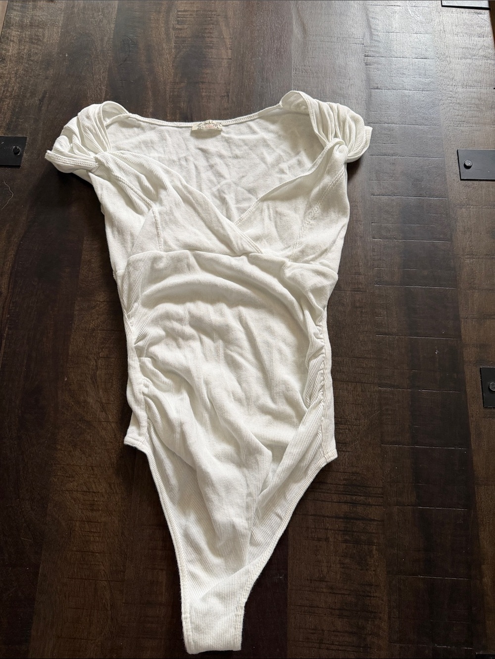 Free People Cream Ribbed V-Neck Bodysuit